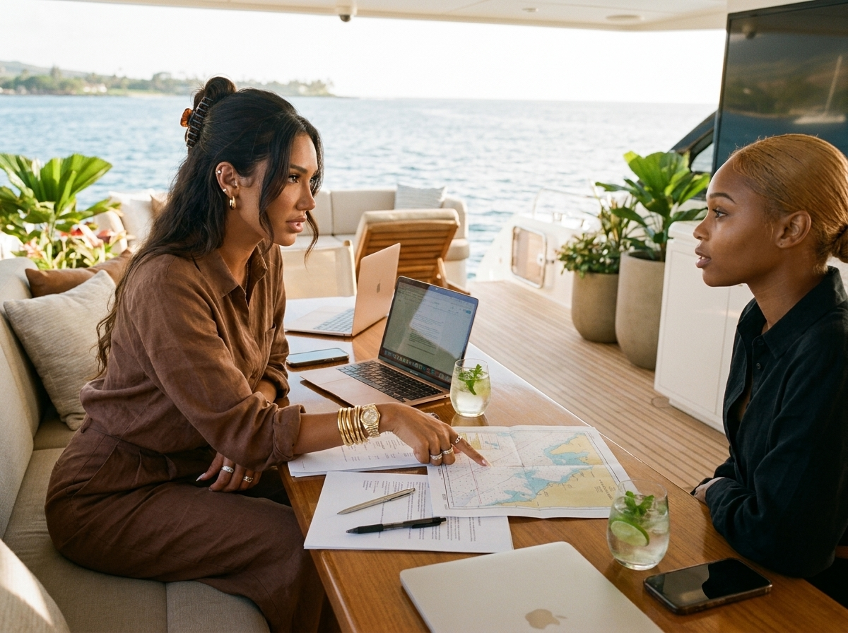Two women collaborating on a yacht with a laptop and charts