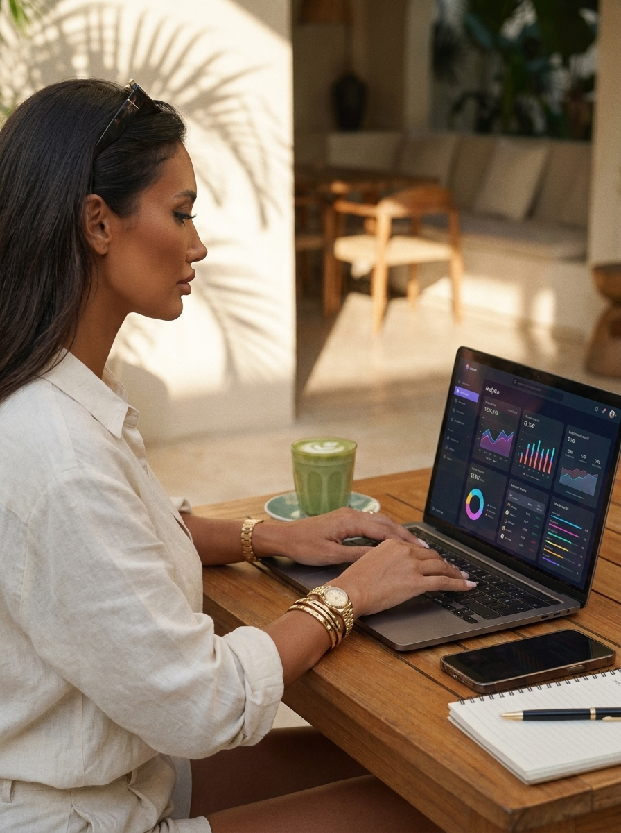 Working at a laptop with a dashboard, warm morning light